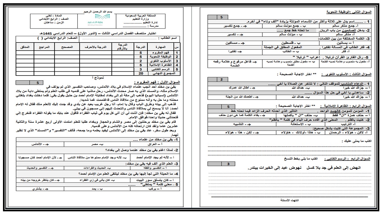 ملخص مادة لغتي الصف الرابع الابتدائي فصل دراسي ثالث