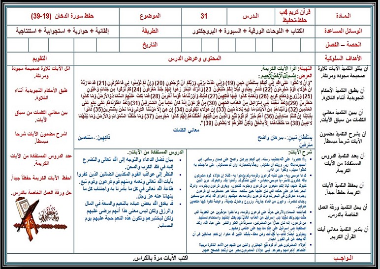 مهارات القرآن الكريم تحفيظ الصف الرابع الابتدائي الفصل الثانى