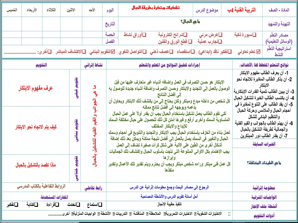 أوراق عمل التربية الفنية الصف الرابع الابتدائي الفصل الثاني