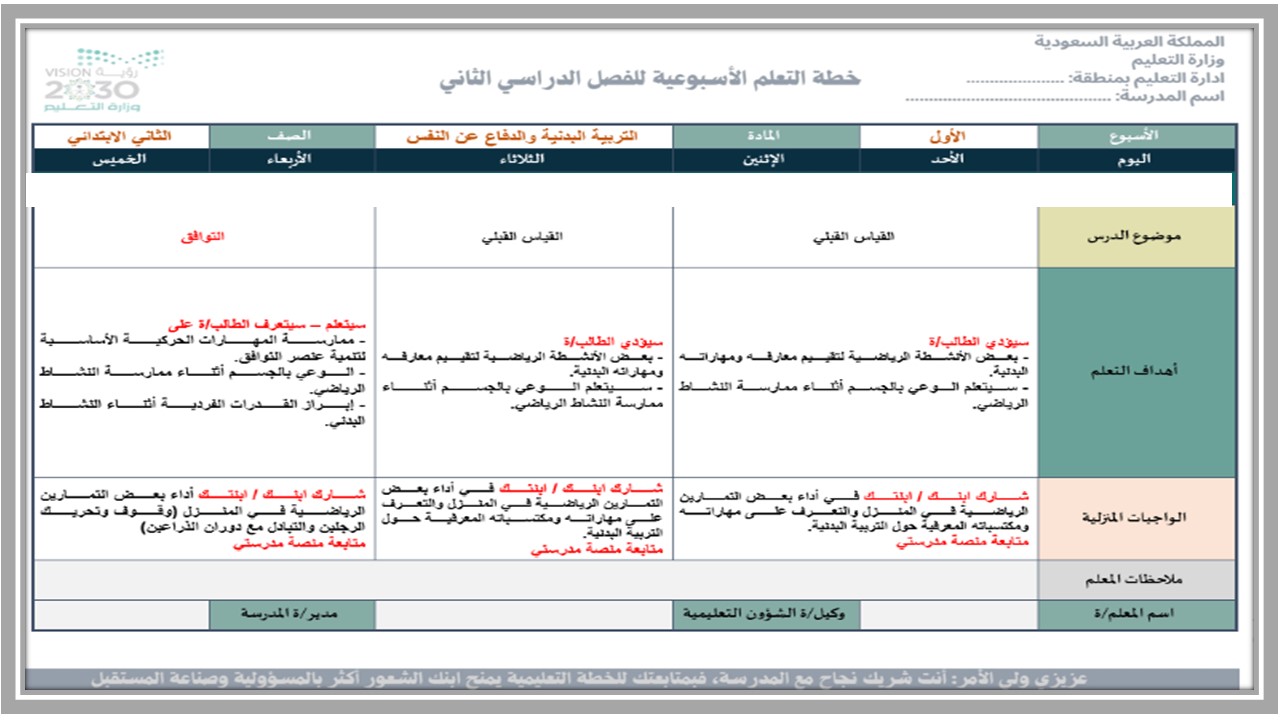 تحضير مادة التربية البدنية والدفاع عن النفس الصف الثانى الابتدائي الفصل الدراسي الثاني
