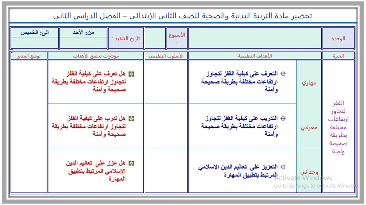تحضير مادة التربية البدنية والدفاع عن النفس الصف الثانى الابتدائي الفصل الدراسي الثاني
