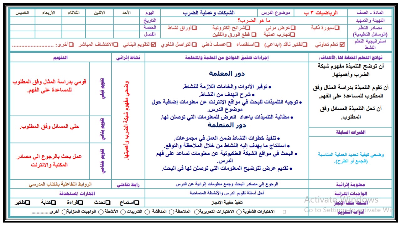 تحضير مادة الرياضيات الصف الثالث الابتدائي الفصل الدراسي الثاني
