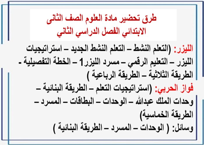 تحضير مادة العلوم الصف الثانى الابتدائي الفصل الدراسي الثاني