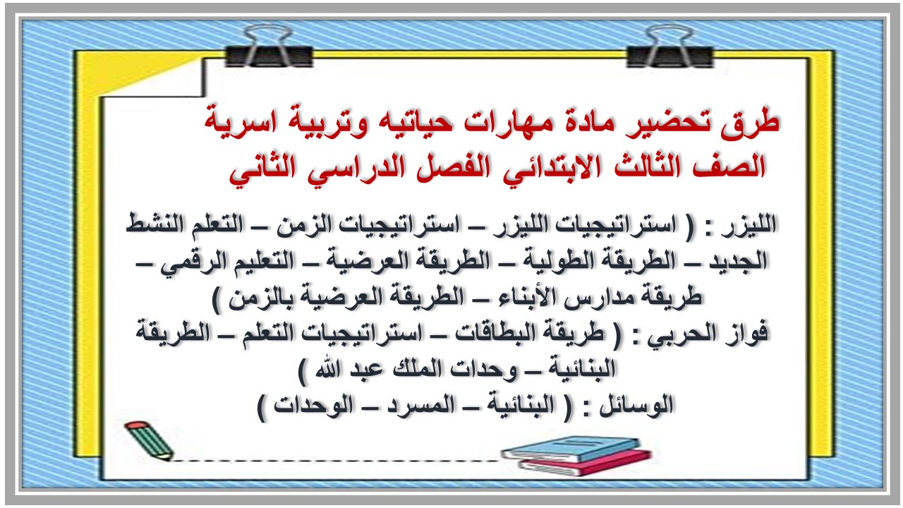 ملخص مادة مهارات حياتيه وتربية اسرية الصف الثالث الابتدائي الفصل الدراسي الثاني 