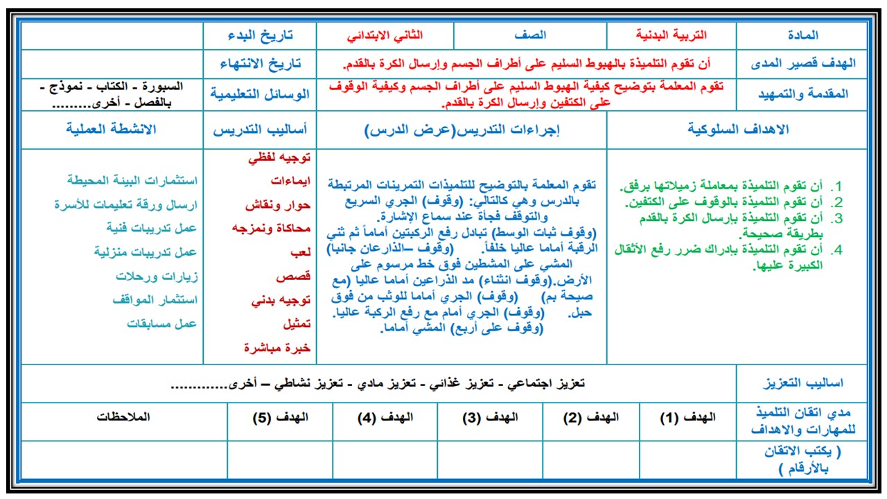 تحضير التربية البدنية ثاني ابتدائي التربية الفكرية الفصل الثالث