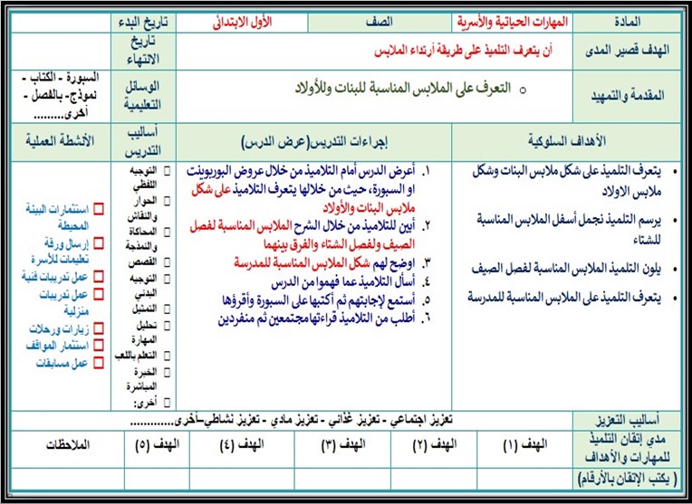 تحضير المهارات الحياتية والأسرية أول ابتدائي التربية الفكرية الفصل الثالث