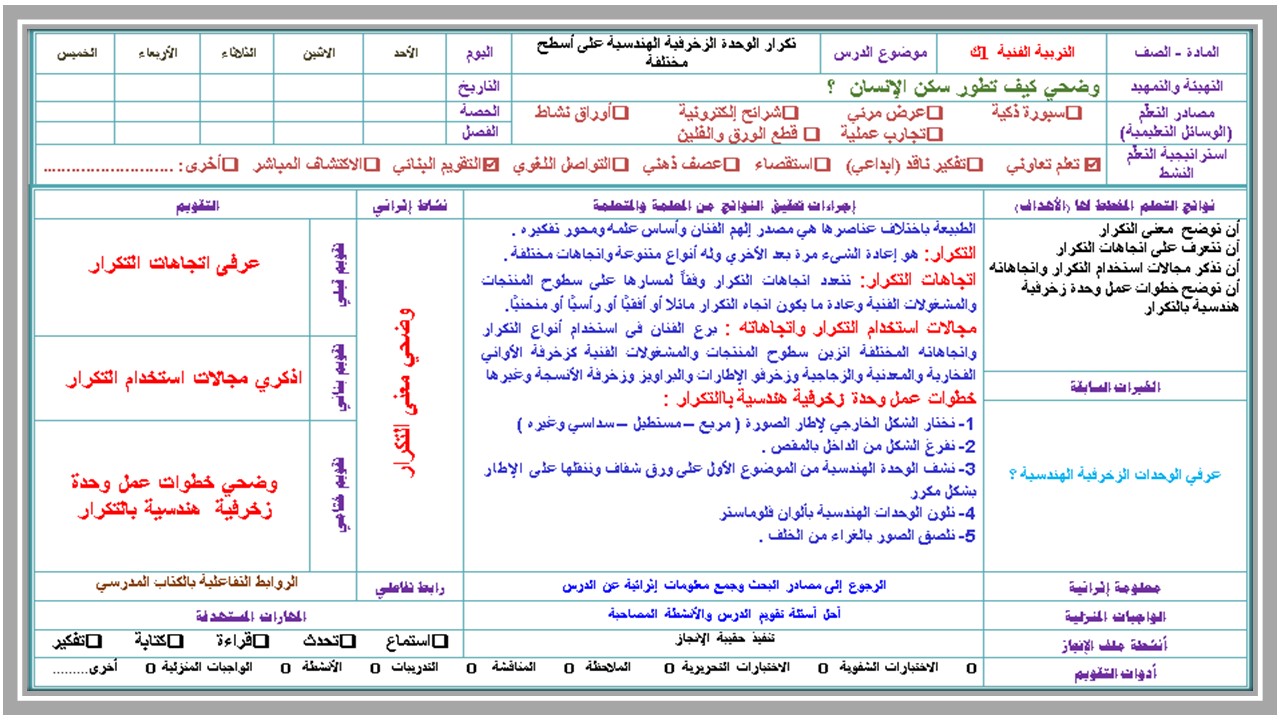 تحضير تربية فنية الصف الأول التعليم المستمر الفصل الثالث  