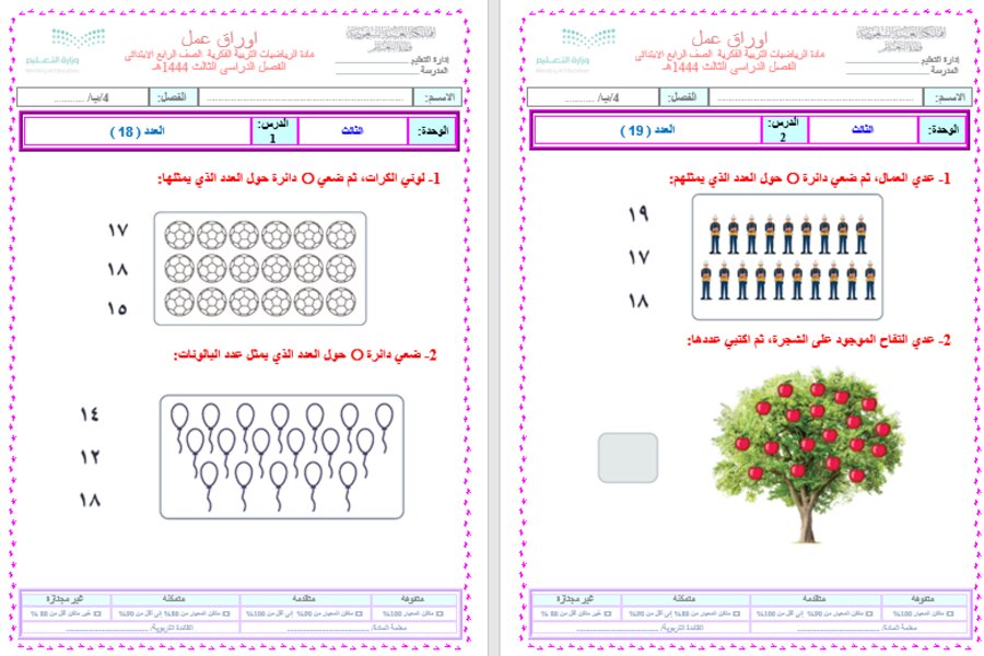 تحضير مادة الرياضيات الصف الرابع الابتدائي التربية الفكرية فصل دراسي الثالث