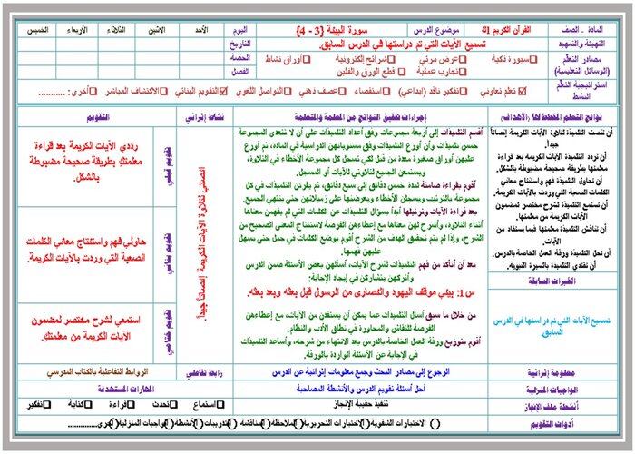 توزيع القرآن الكريم الصف الأول التعليم المستمر الفصل الثالث