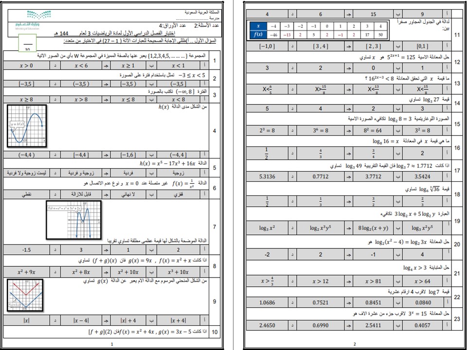اختبار نهائي رياضيات 3 مسارات