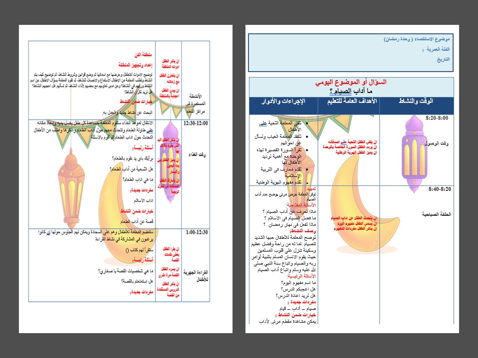 تحضير وحدة رمضان بالمنهج الوطني رياض أطفال