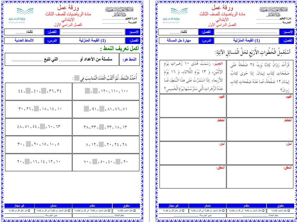 عروض بوربوينت مادة الرياضيات الصف الثالث الابتدائي فصل دراسي أول