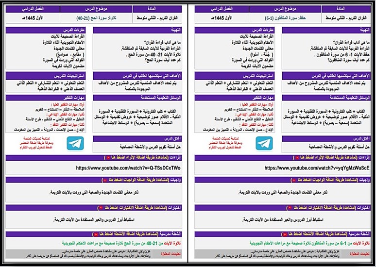 تحضير القرآن الكريم ثاني متوسط فصل أول