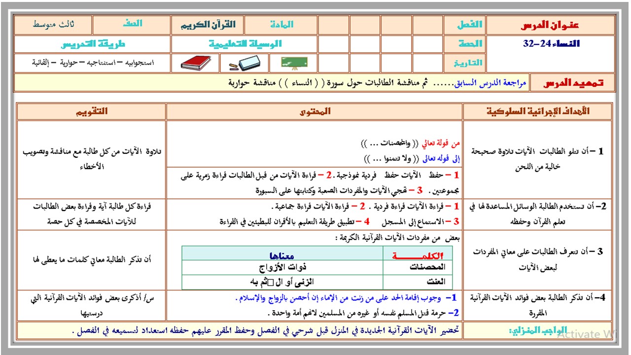 تحضير القرآن الكريم حفظ ثالث متوسط فصل أول