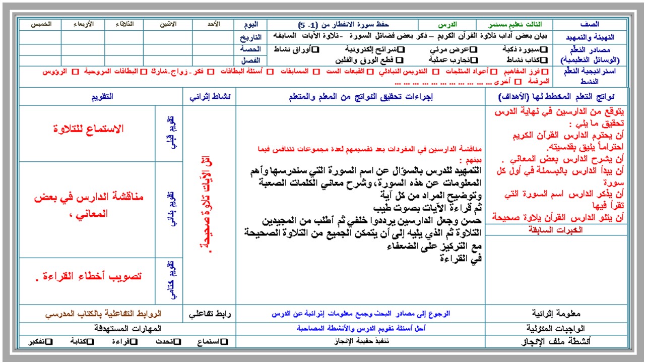 تحضير القرآن الكريم للصف الثالث التعليم المستمر الفصل الاول 