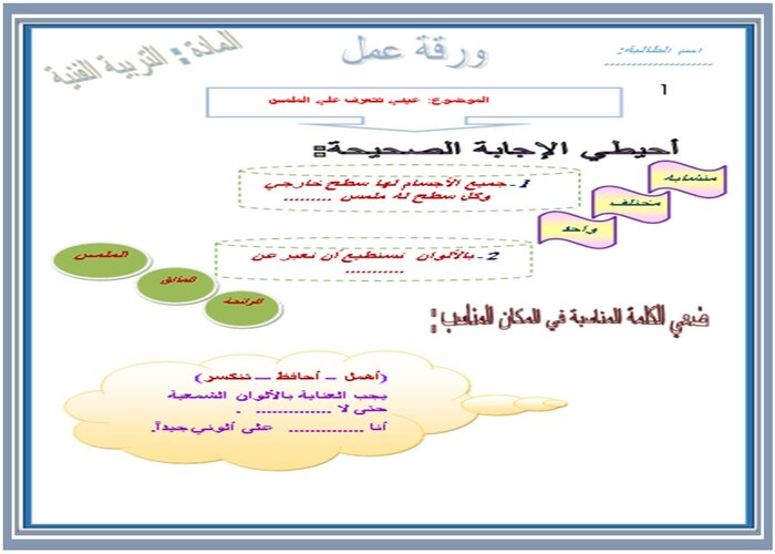 تحضير درس عيني تتعرف على الملمس صف أول ابتدائي مادة التربية الفنية 