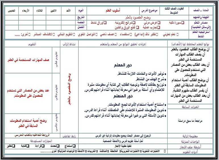 تحضير مادة العلوم ثالث متوسط فصل دراسي اول