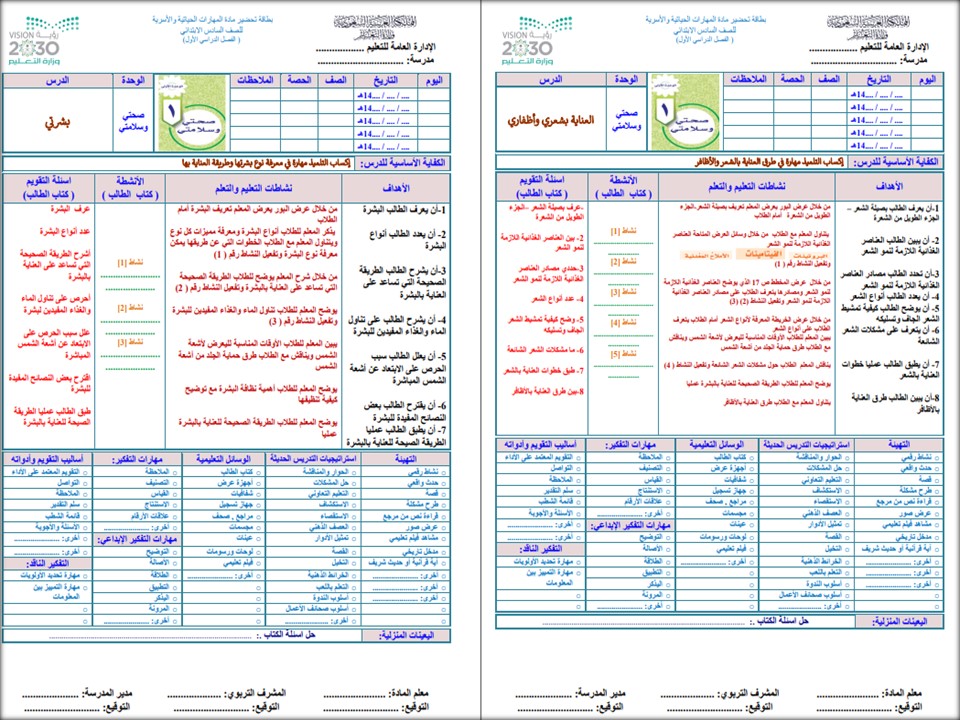 تحضير لمادة مهارات حياتية و أسرية سادس ابتدائي فصل أول