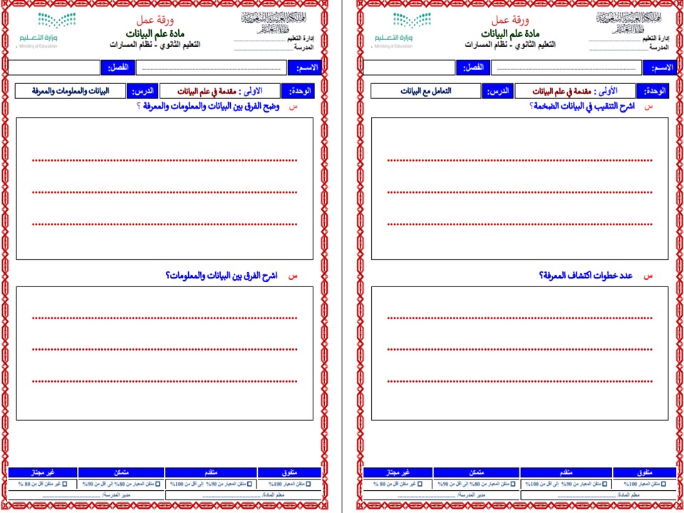 أوراق عمل مادة علم البيانات ثاني ثانوي مسارات الفصل الدراسي الأول