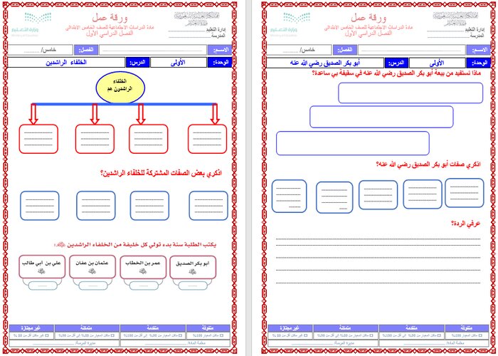 اختبار مادة الدراسات الاجتماعية للصف الخامس الابتدائي فصل أول