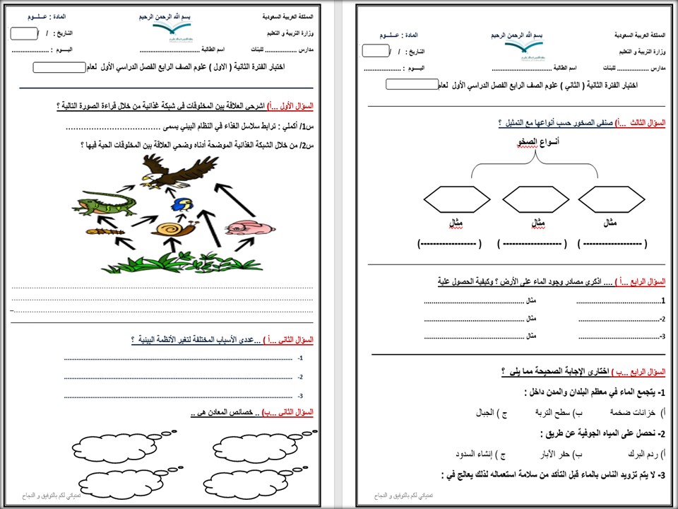 اختبار مادة العلوم للصف الرابع الابتدائي فصل ثاني