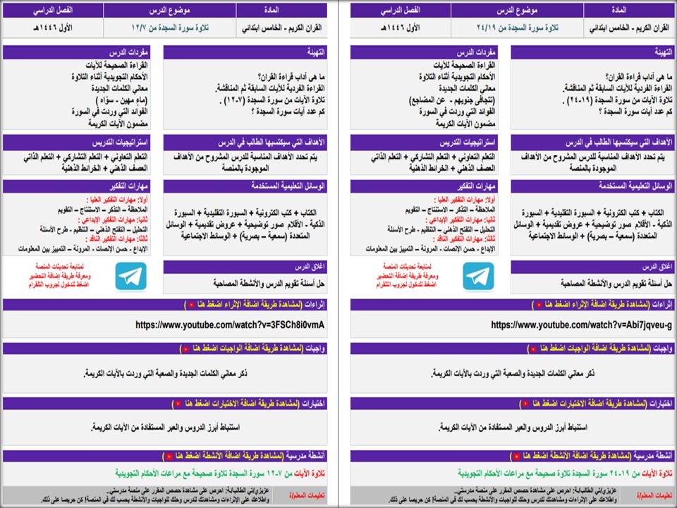 تحضير القرآن الكريم تلاوة خامس ابتدائي فصل أول