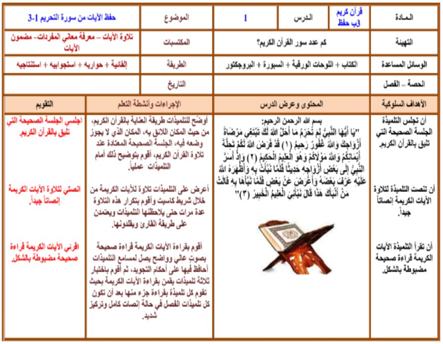 تحضير القرآن الكريم حفظ ثالث ابتدائي فصل أول