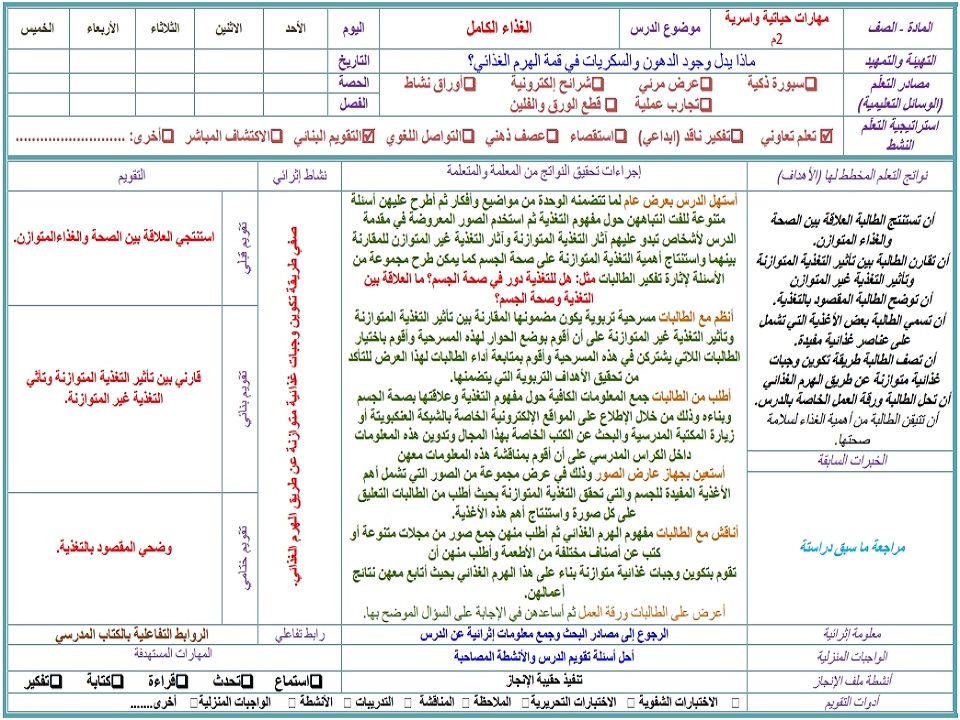 تحضير مادة مهارات حياتية وأسرية ثاني متوسط فصل ثانى