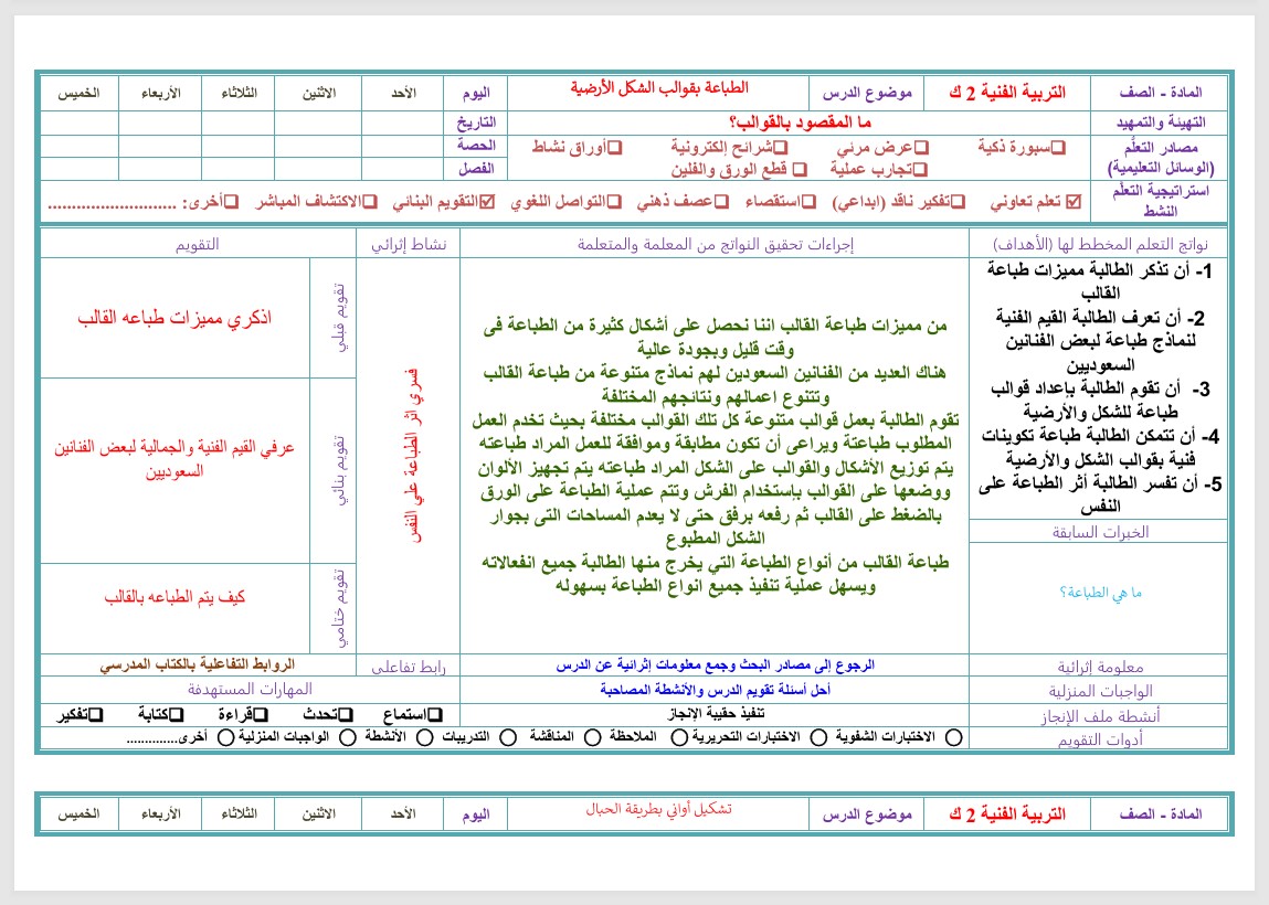 تحضير تربية فنية الصف الثاني التعليم المستمر فصل ثاني