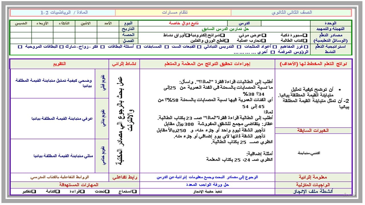 تحضير مادة الرياضيات (2-1) ثاني ثانوي مسارات الفصل الدراسي الأول تحضير مادة الرياضيات (2-1) ثاني ثانوي مسارات الفصل الدراسي الأول