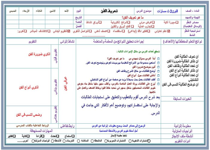 تحضير مادة الفنون ثاني ثانوي مسارات الفصل الدراسي الأول  