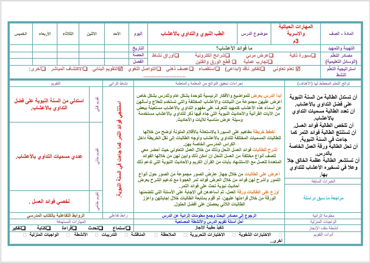 تحضير مادة المهارات الحياتية والأسرية ثالث متوسط فصل ثانى