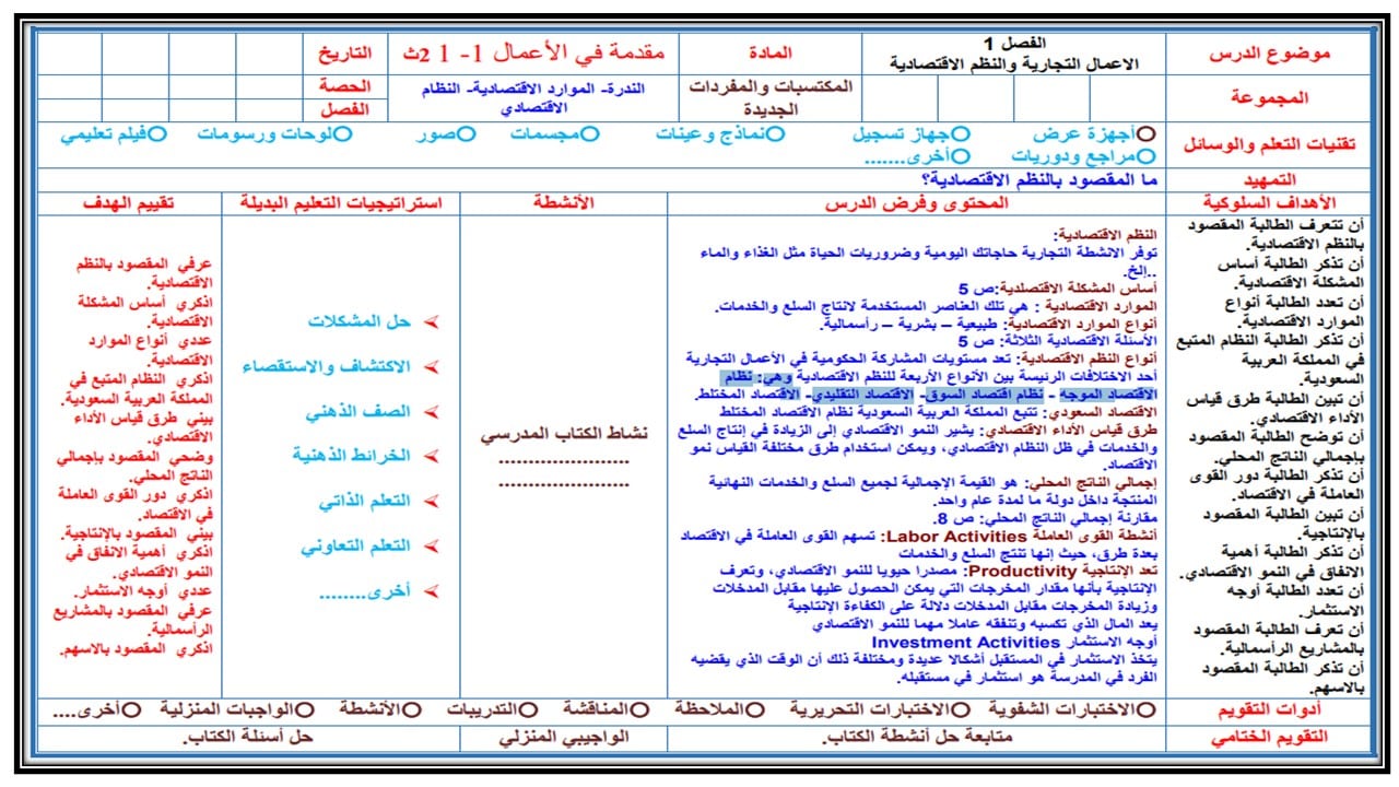 تحضير مادة مقدمة في الأعمال (1-1) ثاني ثانوي مسارات الفصل الدراسي الأول