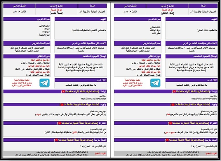 حل أسئلة مادة مهارات حياتية وأسرية ثالث متوسط فصل ثالث