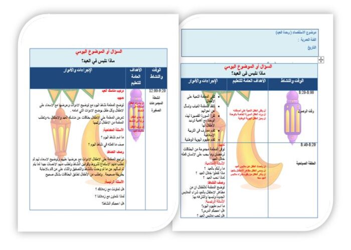 خطة العيد للمنهج الوطني رياض أطفال