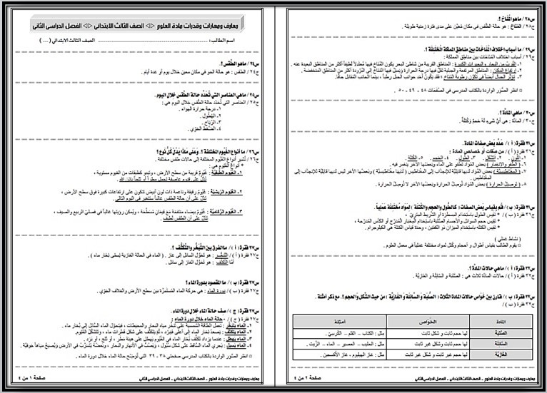 تحضير علوم ثالث ابتدائي الفصل الثاني