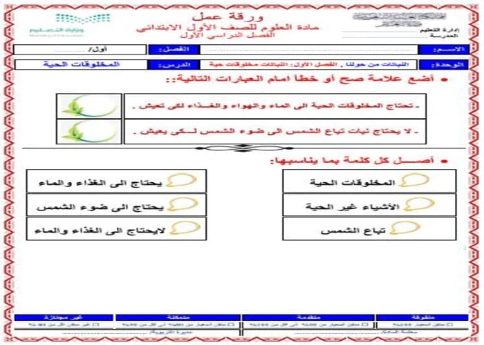 حل اسئلة علوم أول ابتدائي فصل أول