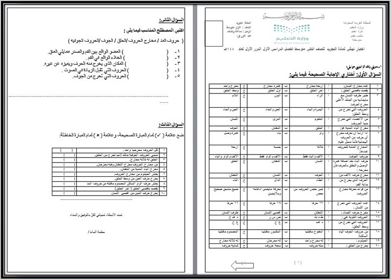 ورق عمل التجويد ثاني متوسط الفصل الأول