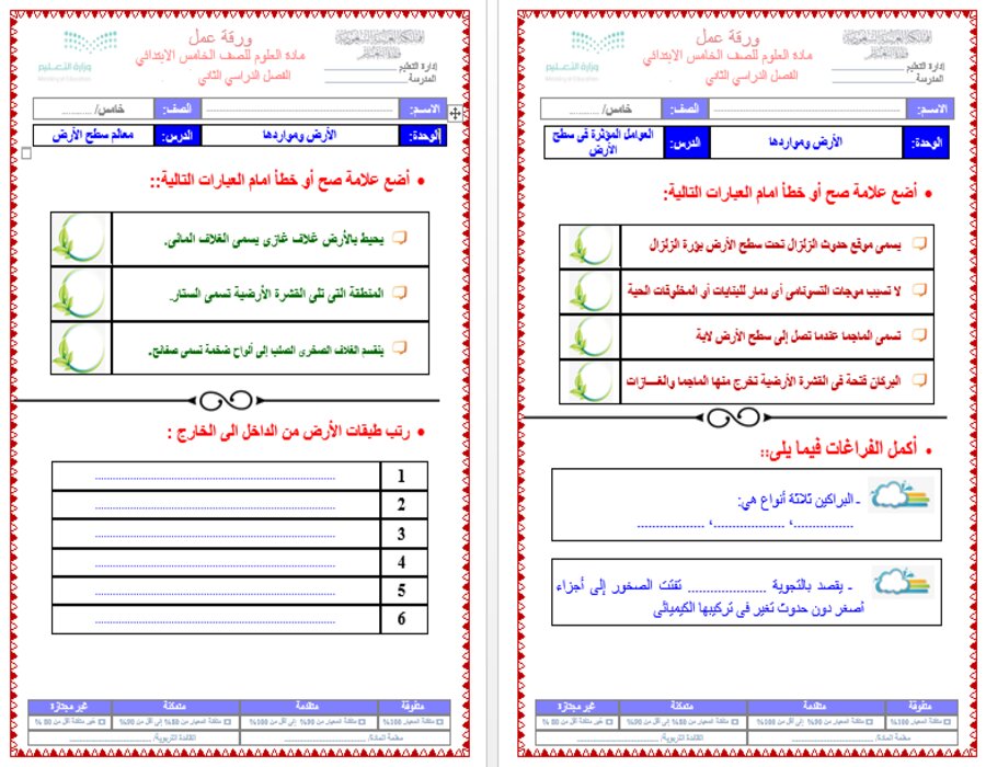ورق عمل علوم خامس ابتدائي الفصل الثاني 