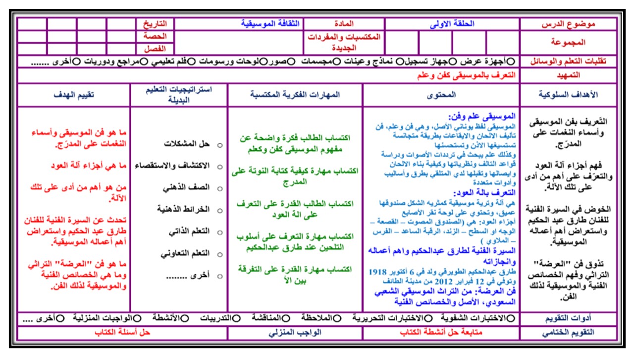تحضير ماده الثقافة الموسيقية أول ثانوي مسارات