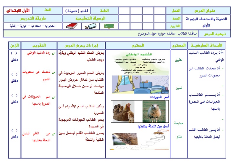 تخطيط الدروس لمادة لغتي للصف الاول الابتدائي