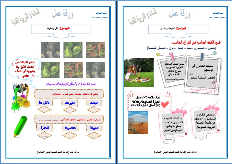 نموذج ورق عمل درس الفن والطبيعة للصف الثاني الابتدائي ماده التربية الفنية