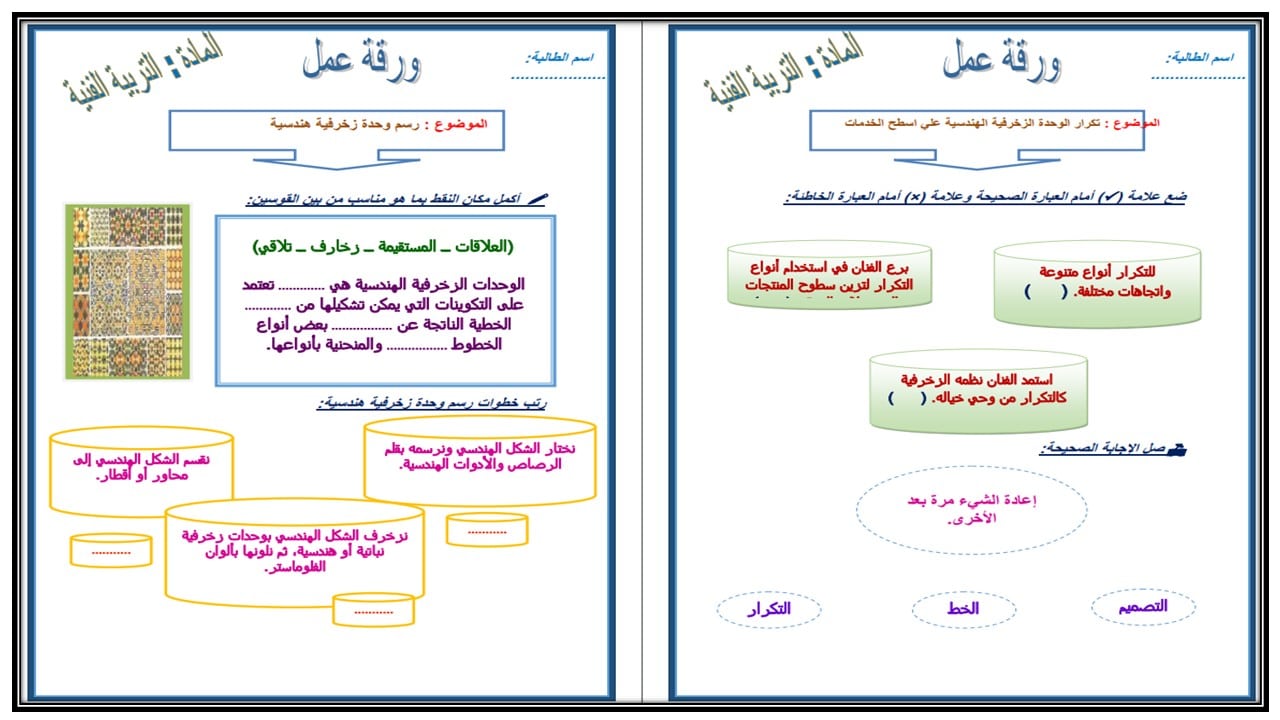 ورق عمل تربية فنية ثالث ابتدائي الفصل الثالث