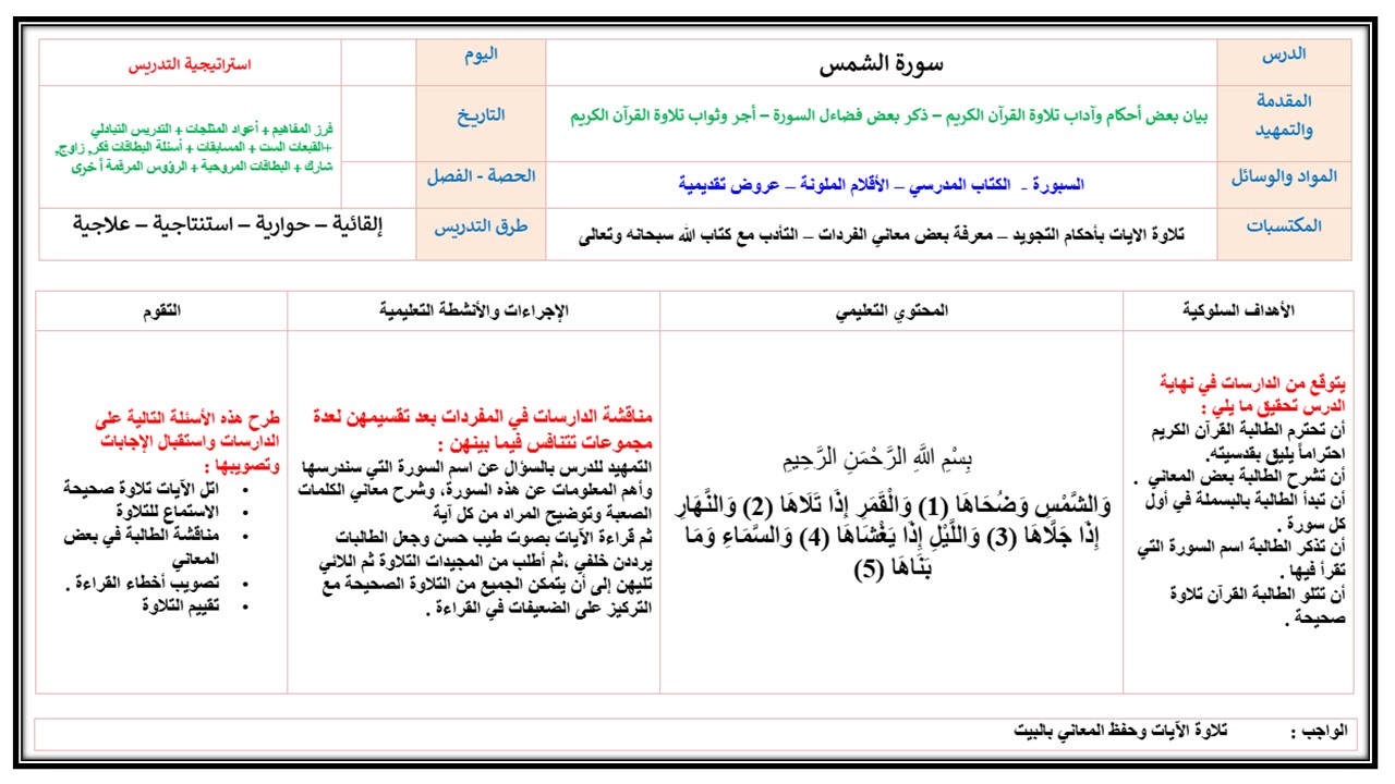 تحضير قرآن ثاني تعليم مستمر الفصل الدراسي الأول
