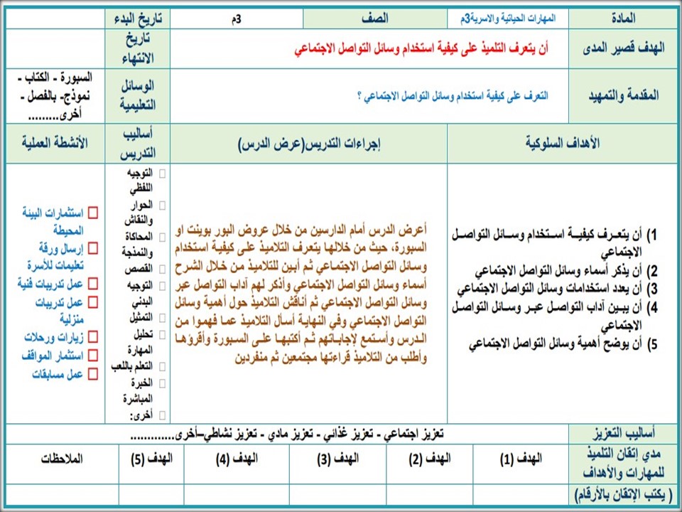 تحضير مهارات حياتية وأسرية تربية فكرية صف ثالث متوسط فصل دراسي أول