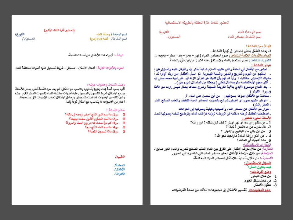 تخطيط وحدة الماء رياض اطفال