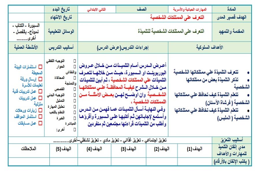 ورق عمل المهارات الحياتية والأسرية تربية فكرية صف ثاني ابتدائي فصل دراسي اول