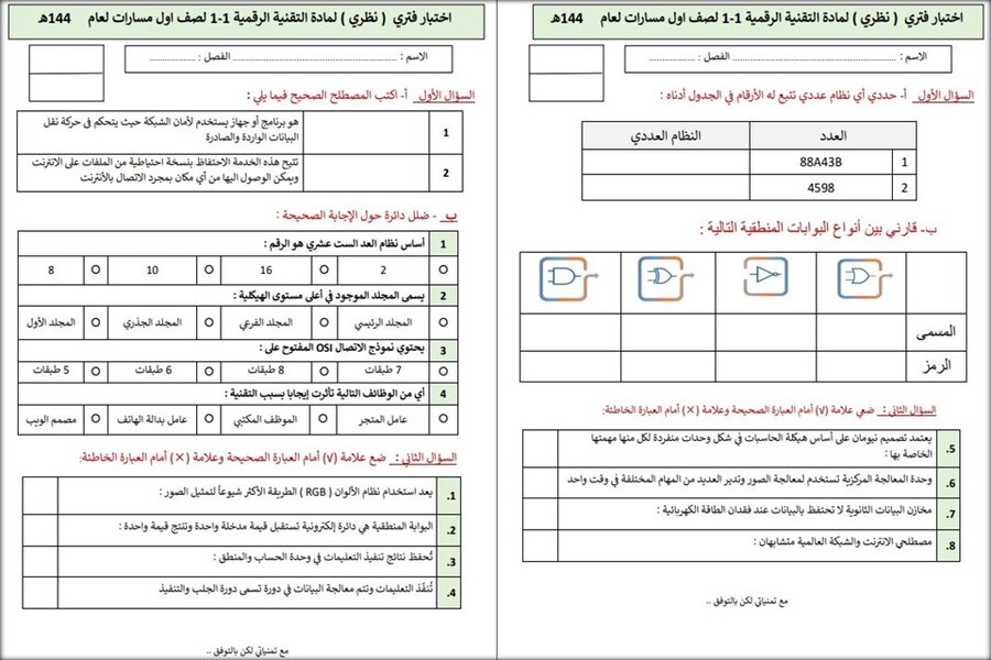 ورق عمل تقنية رقمية 1-1 اول ثانوي مسارات 