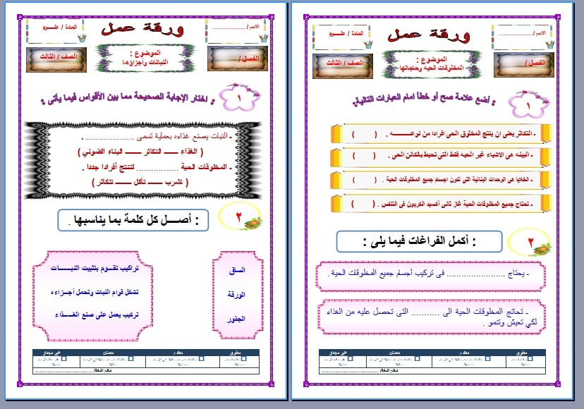 نموذج أوراق عمل علوم ثالث ابتدائي منصة مدرستي