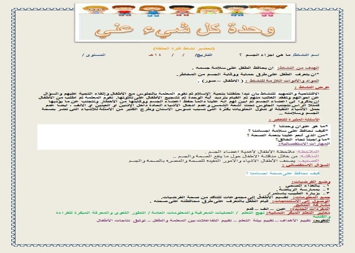 تحضير درس أجزاء الجسم رياض أطفال